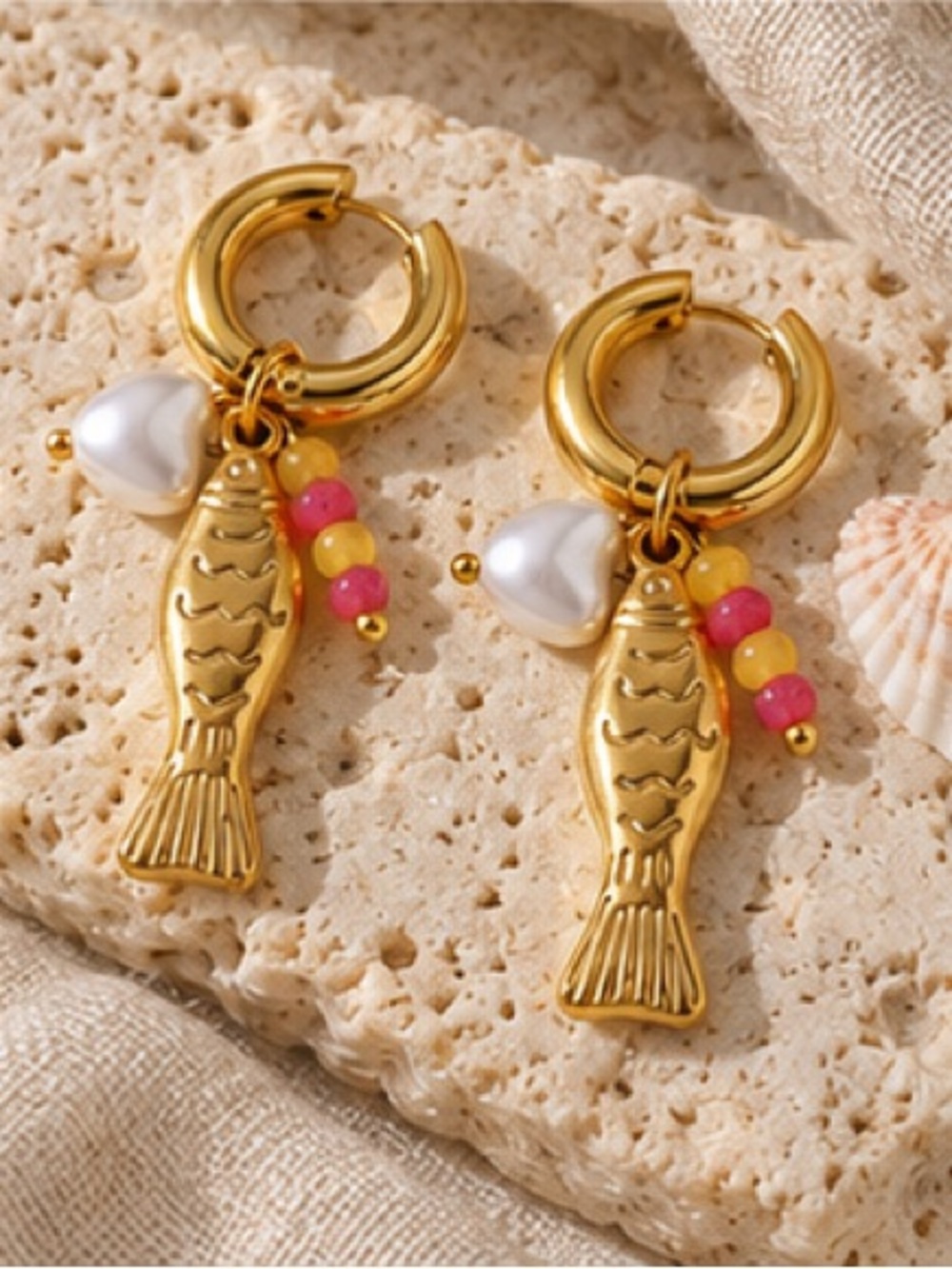 Coastal Fish Charm Huggie Earrings Pearl Heart Gold Plated Statement